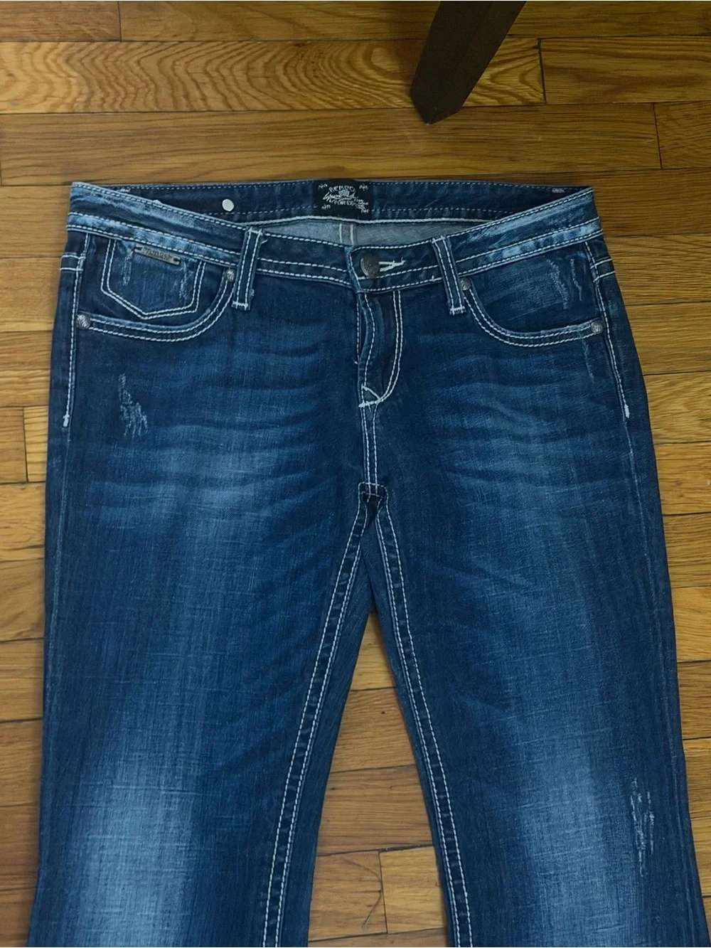 Dark Blue Flare Jeans with Subtle Distressing - Women